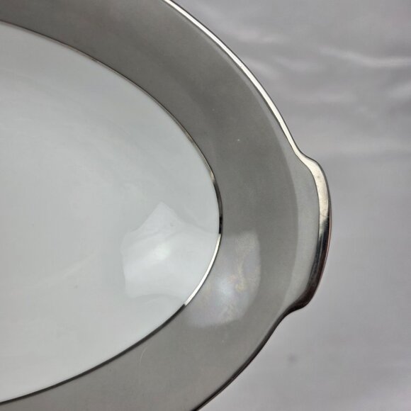 Sango Plantina Oval Serving Bowl 10 Inch White with Gray Band & Platinum Trim - Picture 6 of 11